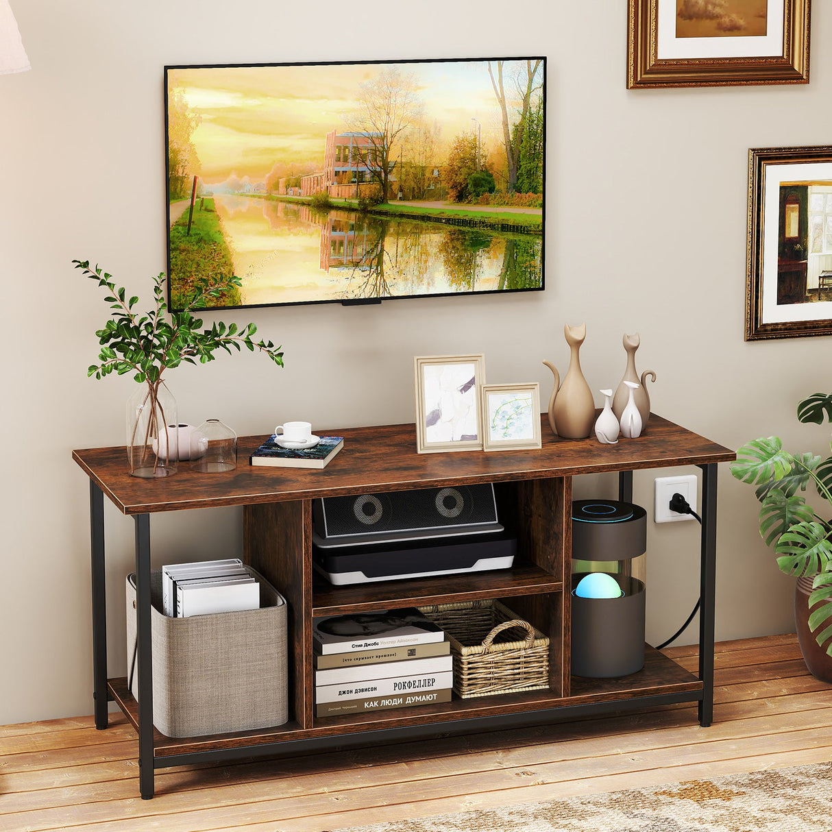 Mueble de TV con centro de entretenimiento, estantes abiertos y tomas de corriente para televisores de hasta 50 pulgadas - Marrón rústico