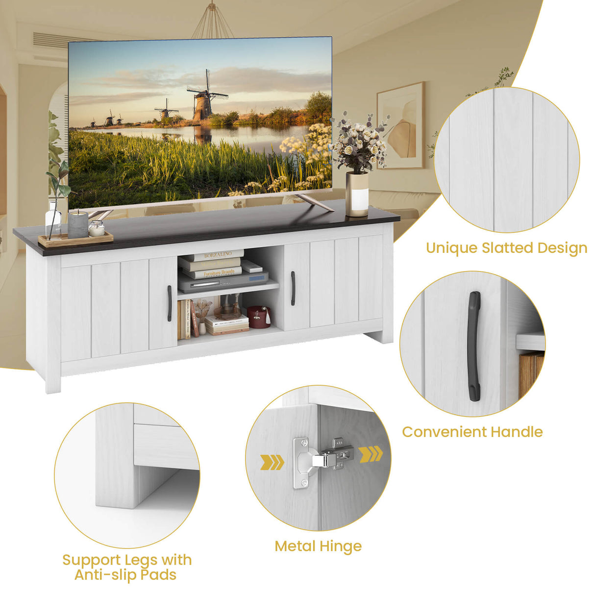 Mueble para TV con 2 armarios y estantes abiertos, para televisores de hasta 65 pulgadas