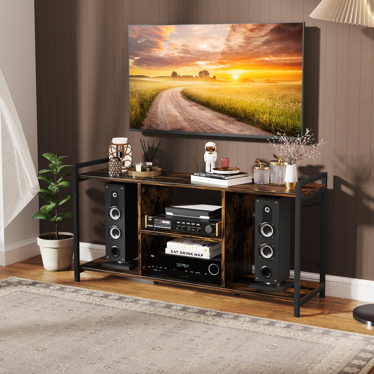 Mueble de TV para televisores de 55 pulgadas, centro de entretenimiento industrial - Marrón rústico