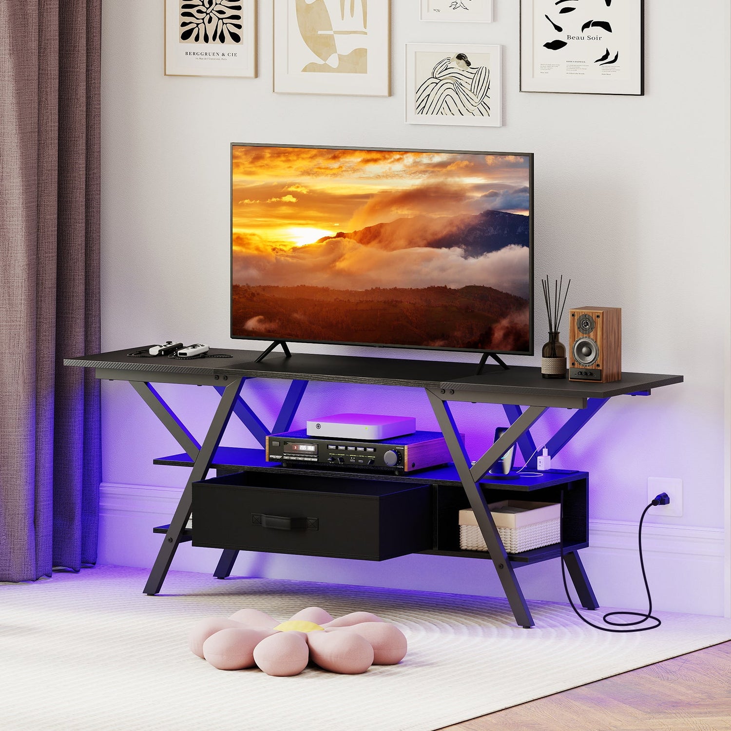 Mueble de TV para televisores de 65 pulgadas con enchufes y luces LED