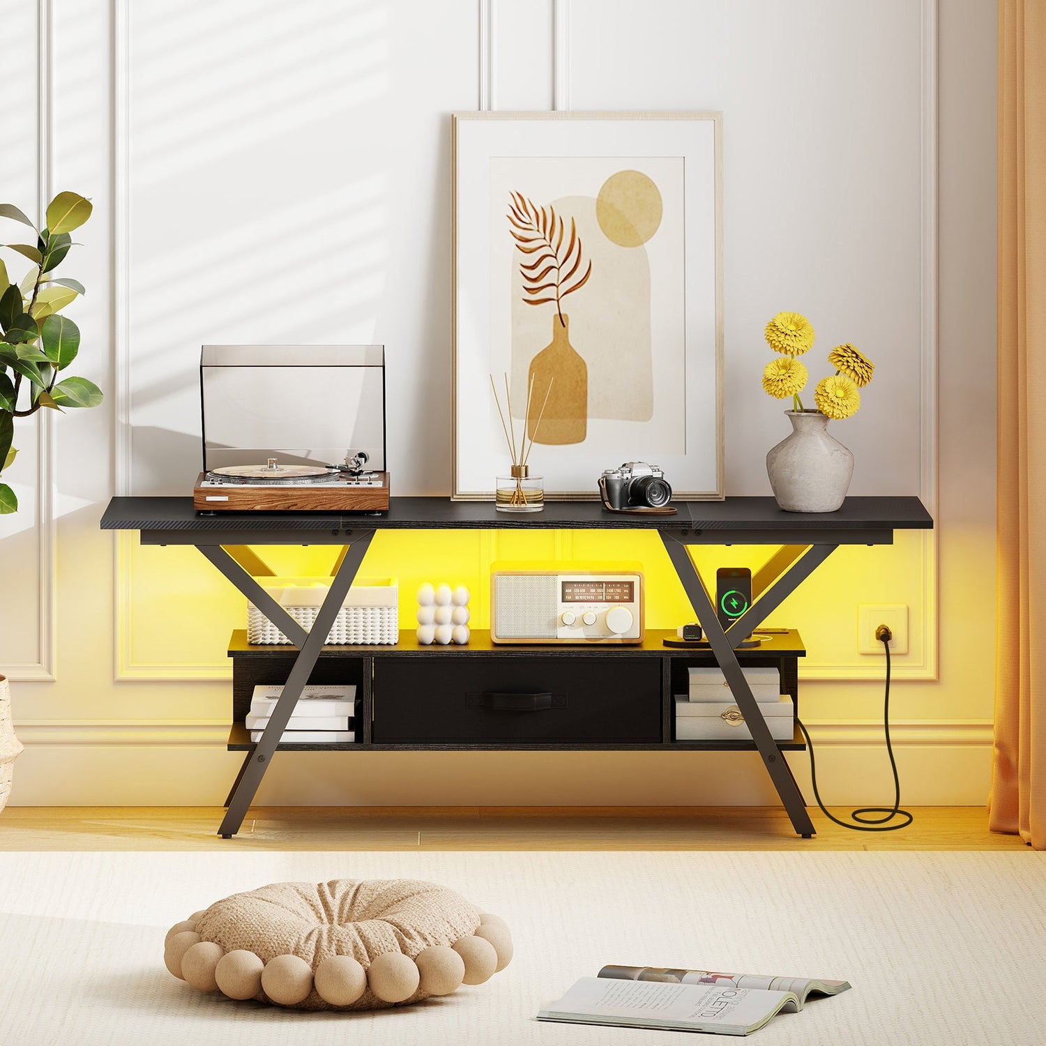Mueble de TV para televisores de 65 pulgadas con enchufes y luces LED