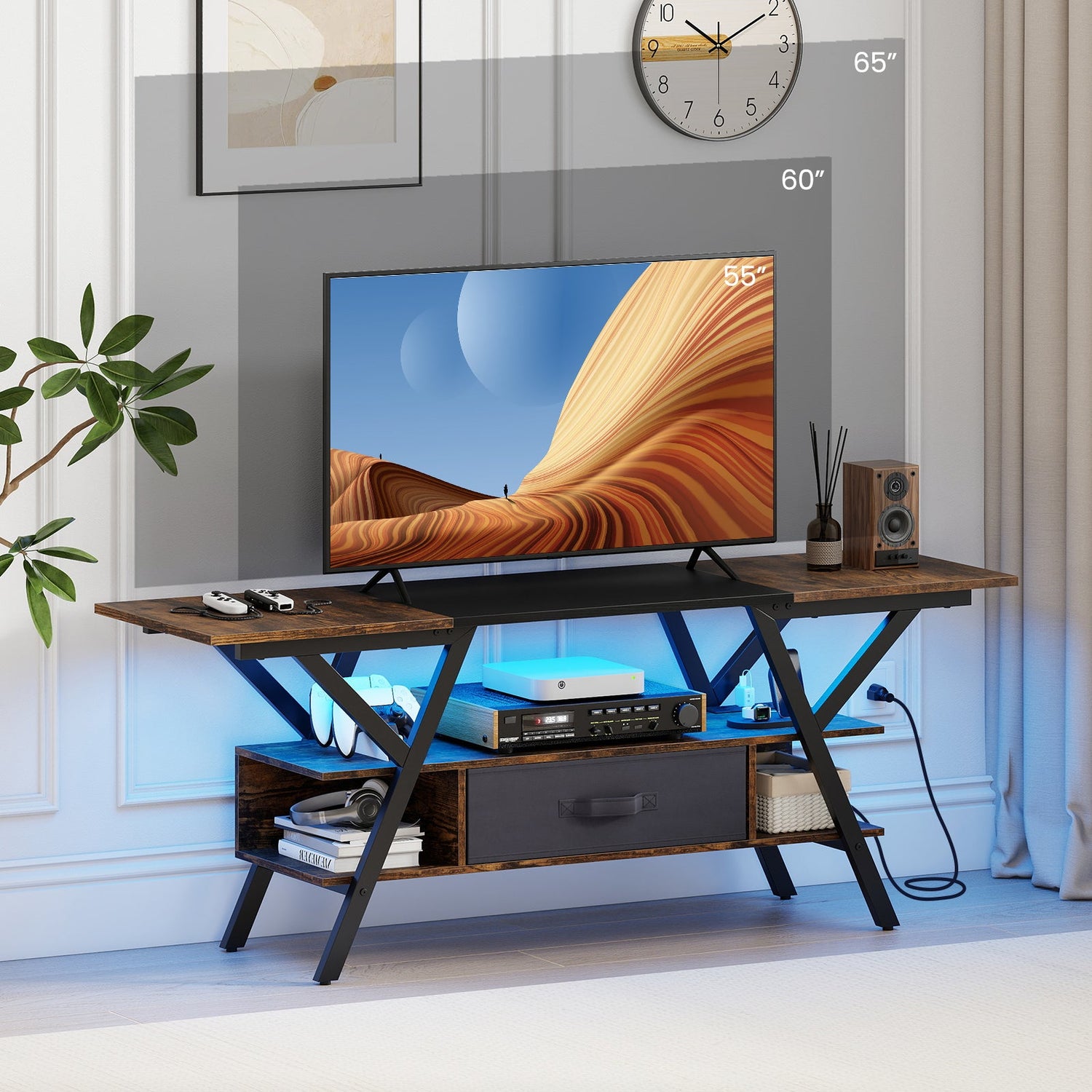 Mueble de TV para televisores de 65 pulgadas con enchufes y luces LED