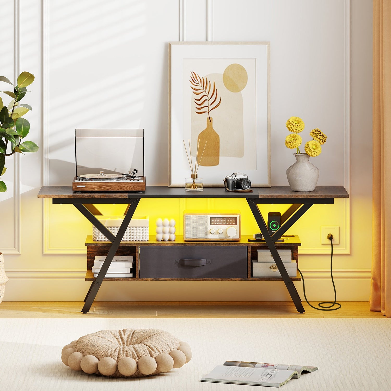 Mueble de TV para televisores de 65 pulgadas con enchufes y luces LED