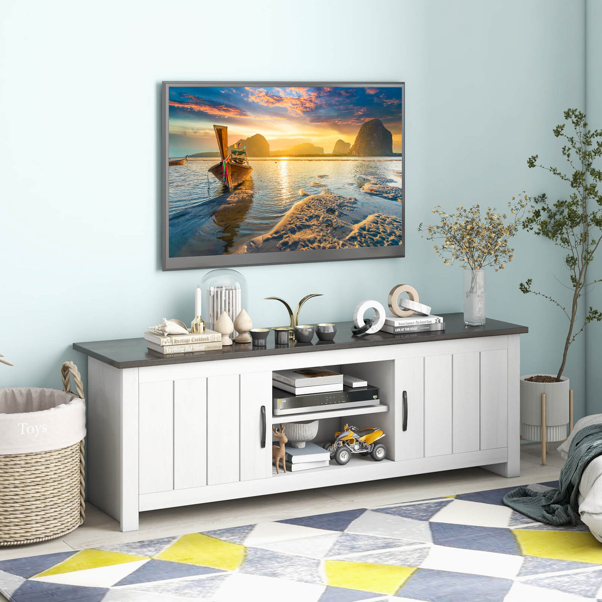 Mueble para TV con 2 armarios y estantes abiertos, para televisores de hasta 65 pulgadas