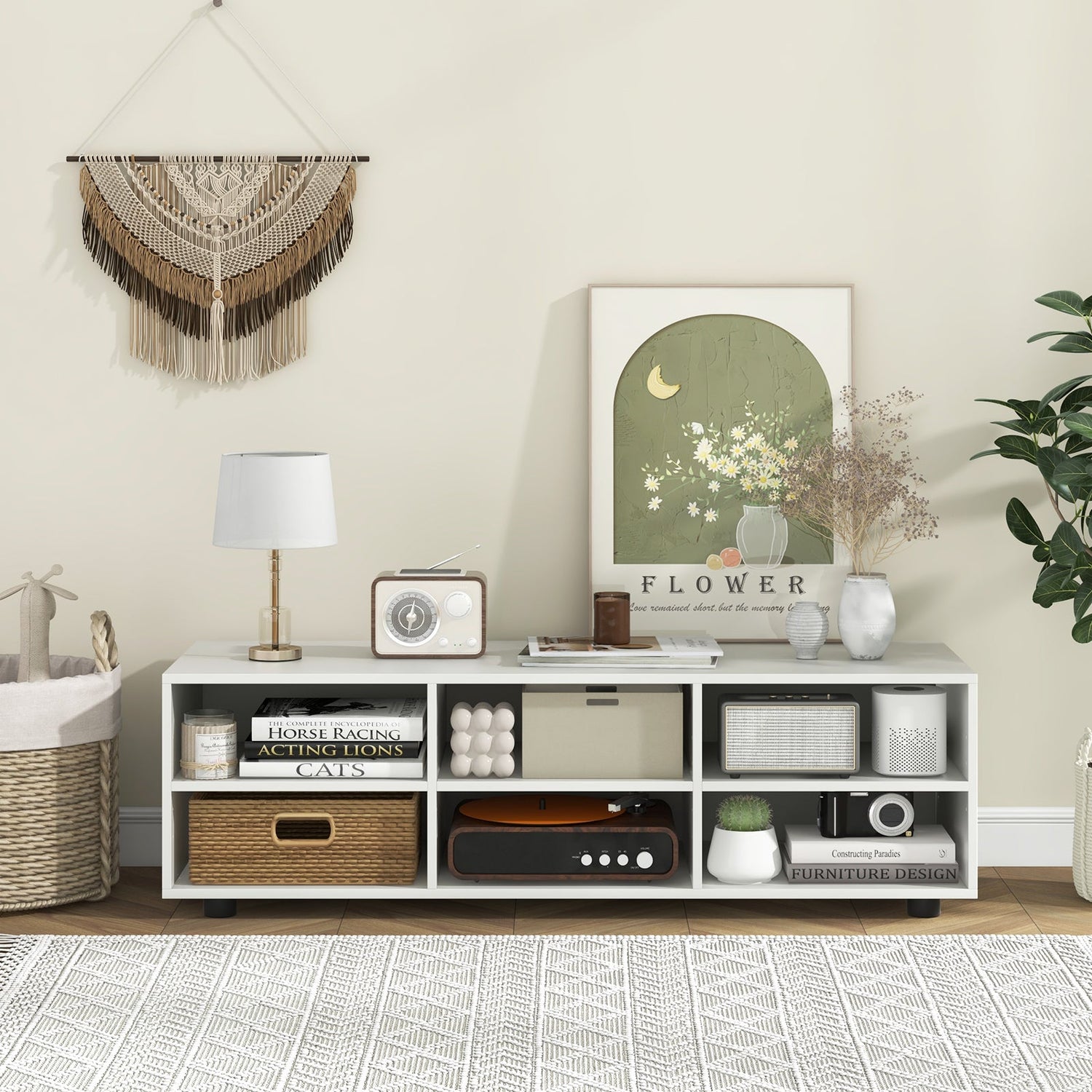 Mueble para TV de hasta 55 pulgadas con 6 compartimentos de almacenamiento-Blanco
