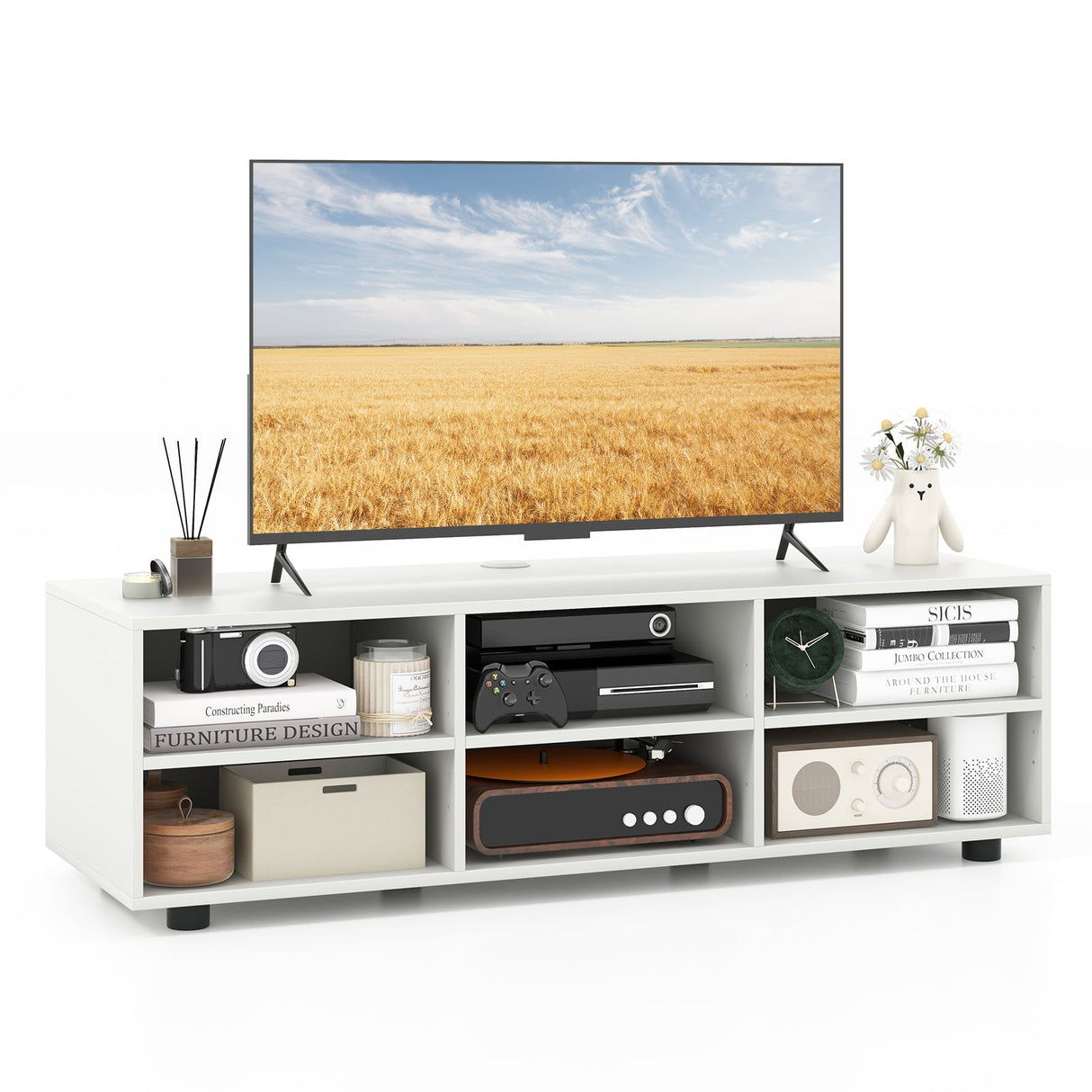 Mueble para TV de hasta 55 pulgadas con 6 compartimentos de almacenamiento-Blanco