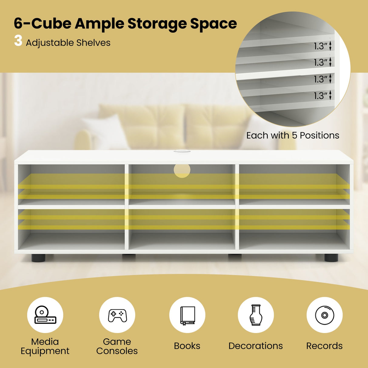 Mueble para TV de hasta 55 pulgadas con 6 compartimentos de almacenamiento-Blanco