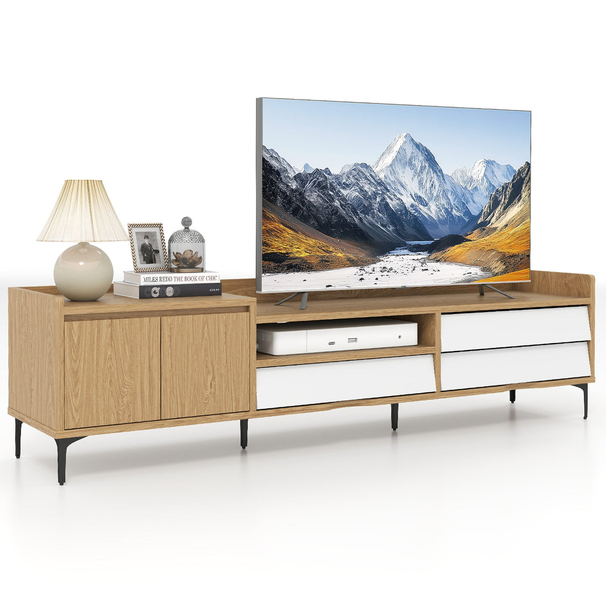 Mueble de TV para televisores de hasta 80 pulgadas, centro de entretenimiento moderno de mediados de siglo con armario de almacenamiento - Natural