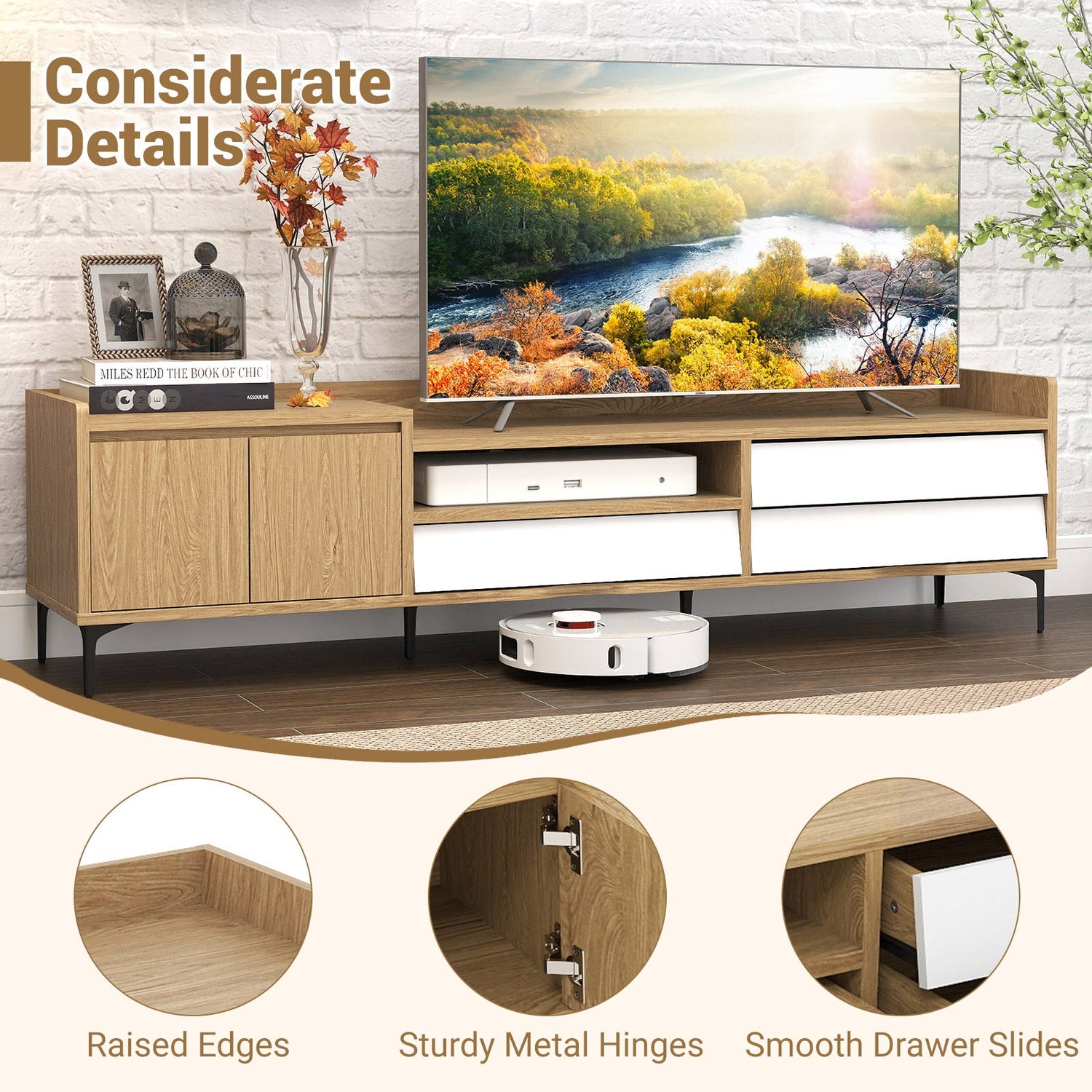 Mueble de TV para televisores de hasta 80 pulgadas, centro de entretenimiento moderno de mediados de siglo con armario de almacenamiento - Natural