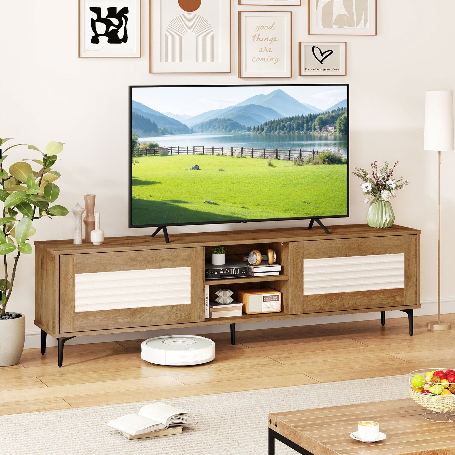 Mueble de TV para televisores de hasta 70 pulgadas, centro de entretenimiento acanalado Waveform-Roble