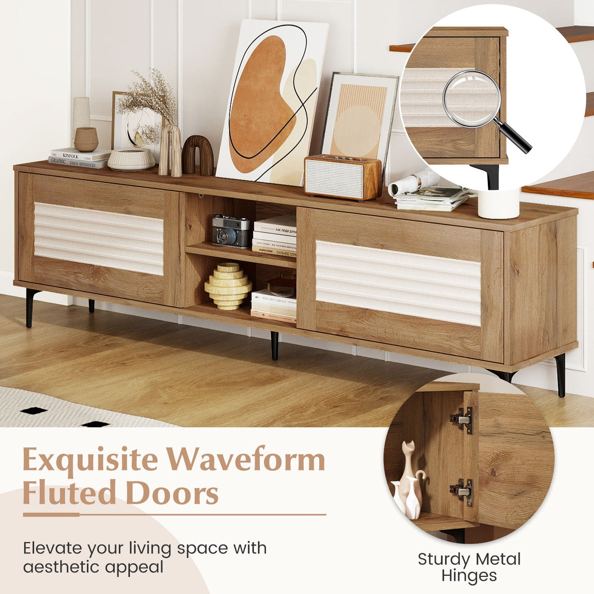 Mueble de TV para televisores de hasta 70 pulgadas, centro de entretenimiento acanalado Waveform-Roble