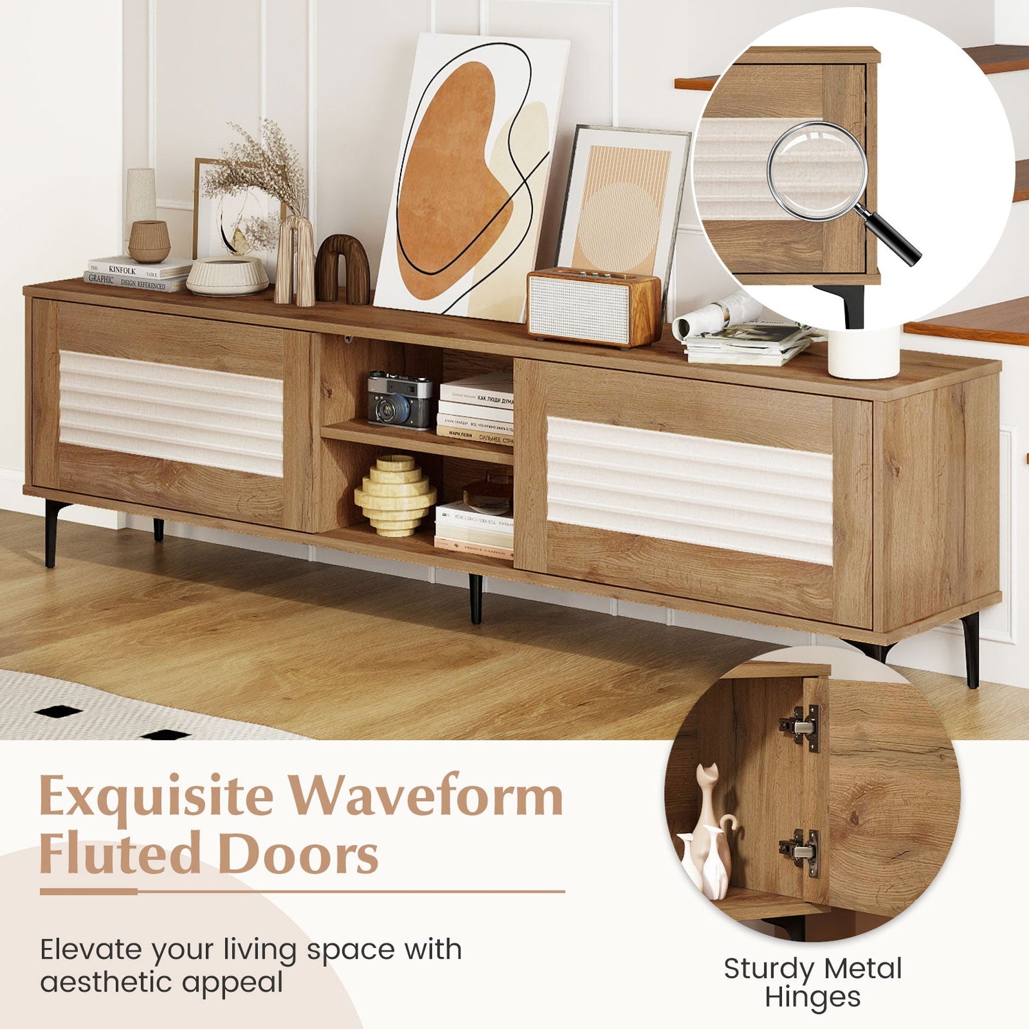 Mueble de TV para televisores de hasta 70 pulgadas, centro de entretenimiento acanalado Waveform-Roble