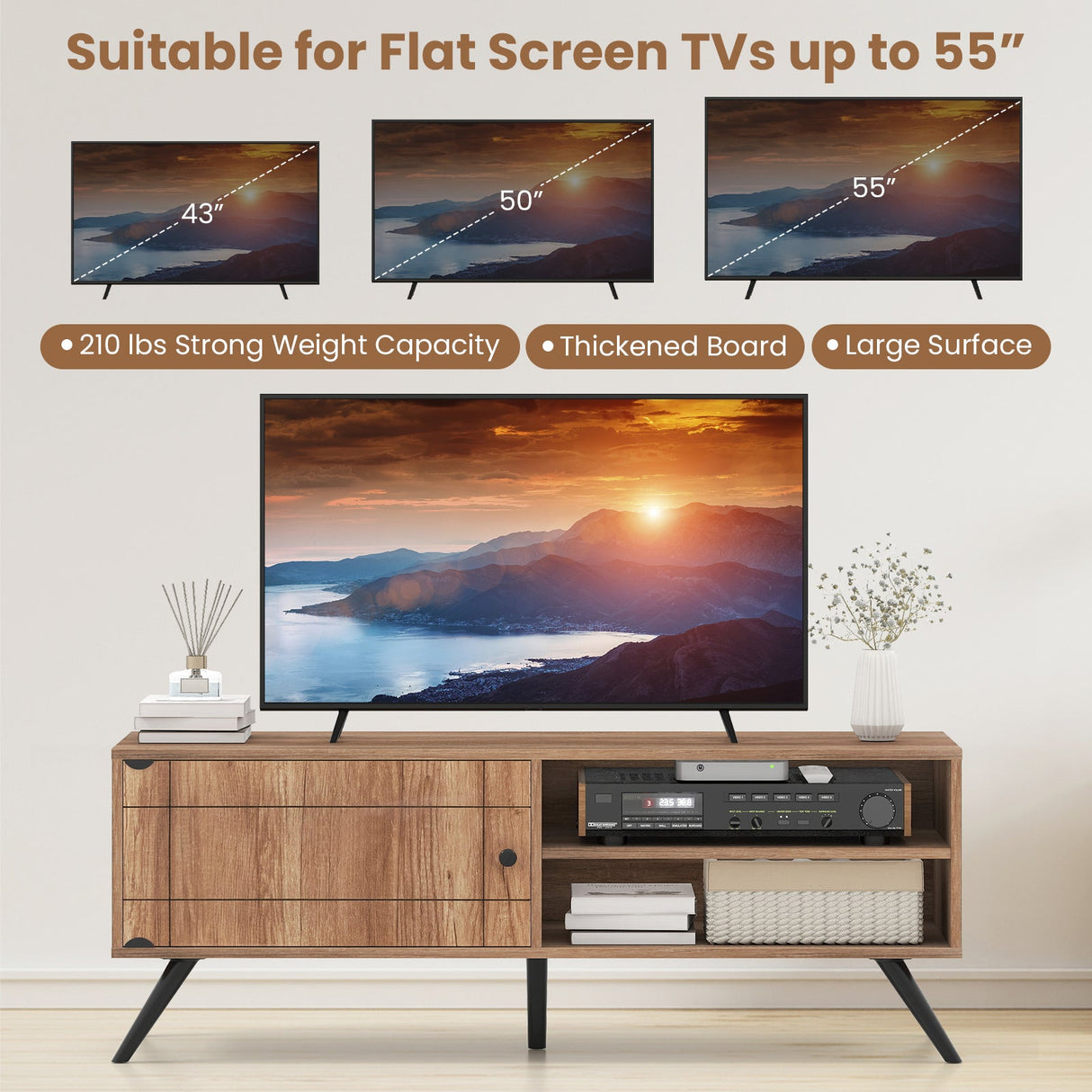 Mueble de TV para televisores de hasta 55 pulgadas, centro de entretenimiento moderno de mediados de siglo con armario de almacenamiento, roble