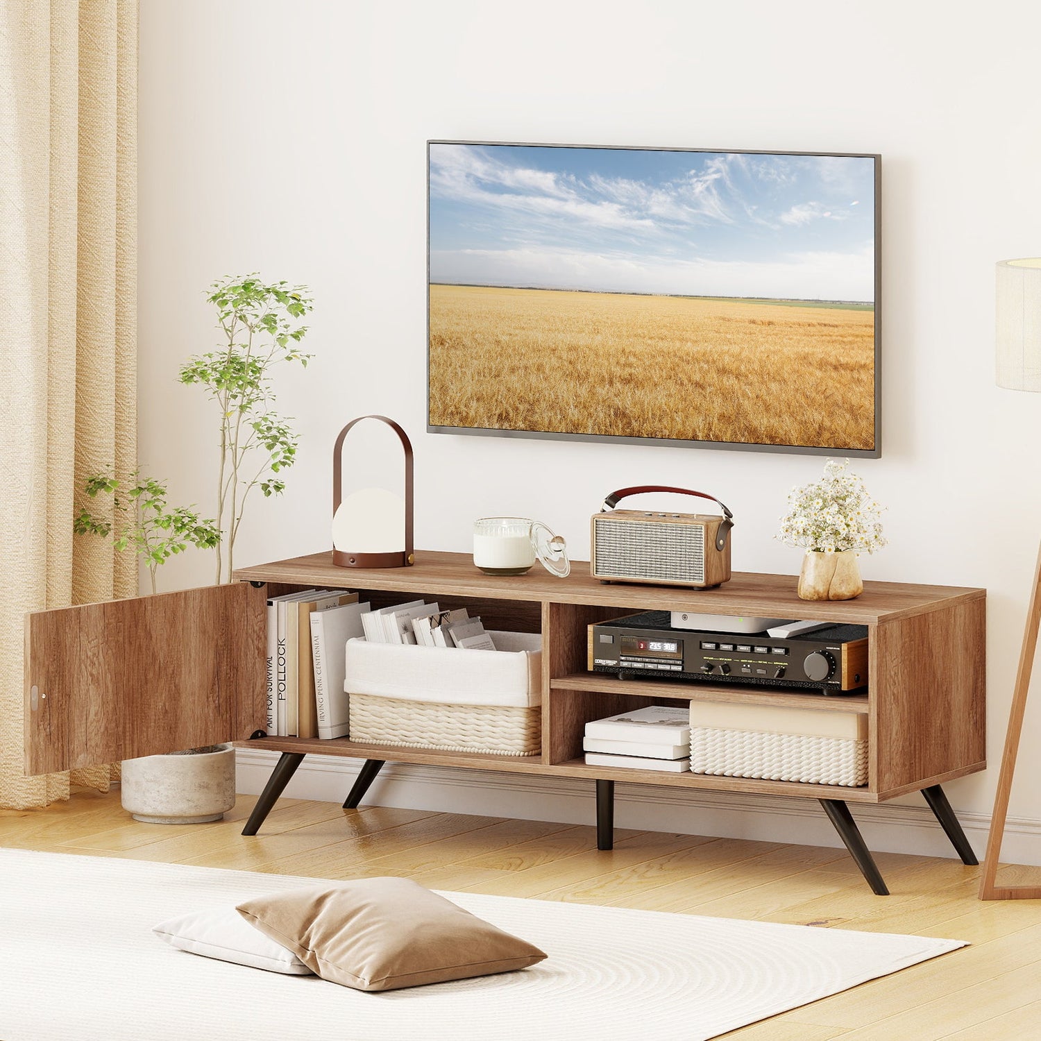 Mueble de TV para televisores de hasta 55 pulgadas, centro de entretenimiento moderno de mediados de siglo con armario de almacenamiento, roble