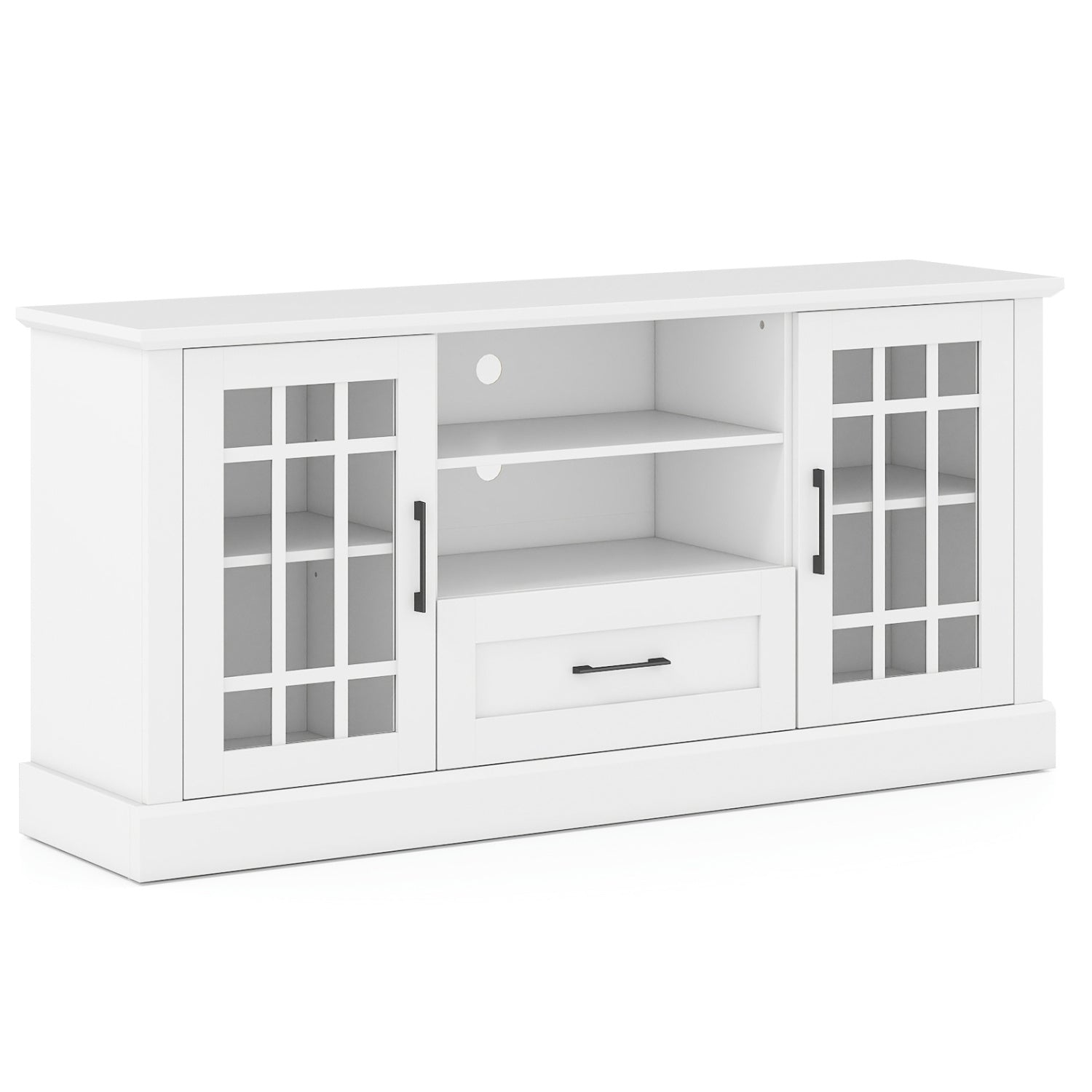 Mueble de TV para televisores de hasta 70 pulgadas con puertas de vidrio, compartimentos y cajón
