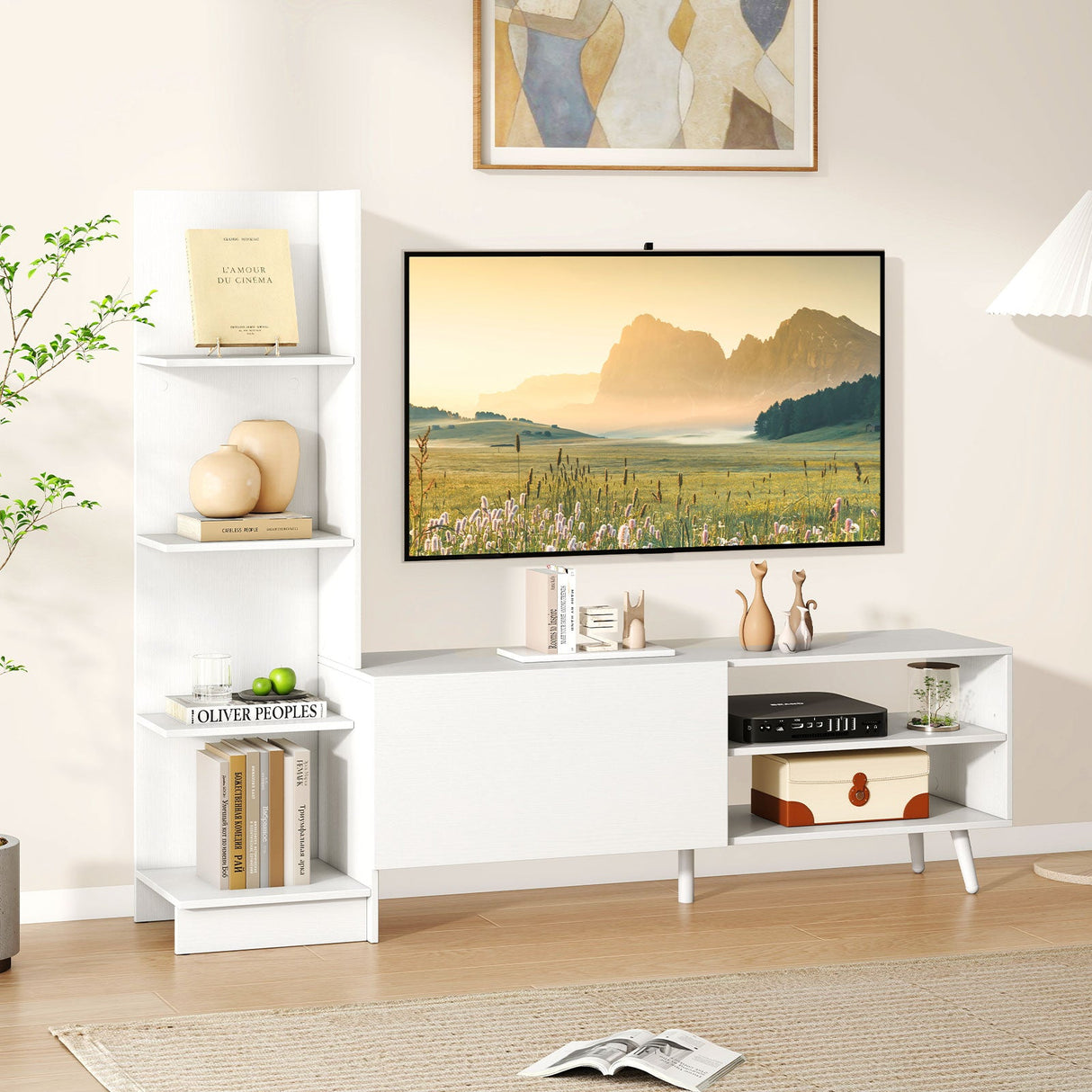 Mueble de TV para televisores de hasta 50 pulgadas, centro de entretenimiento moderno de mediados de siglo, gabinete de TV, color blanco