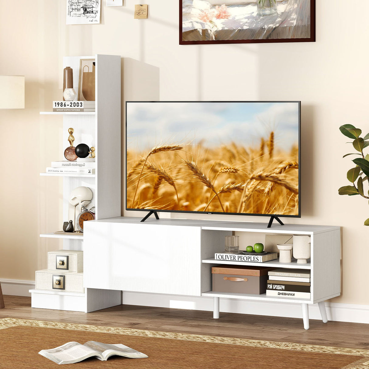 Mueble de TV para televisores de hasta 50 pulgadas, centro de entretenimiento moderno de mediados de siglo, gabinete de TV, color blanco
