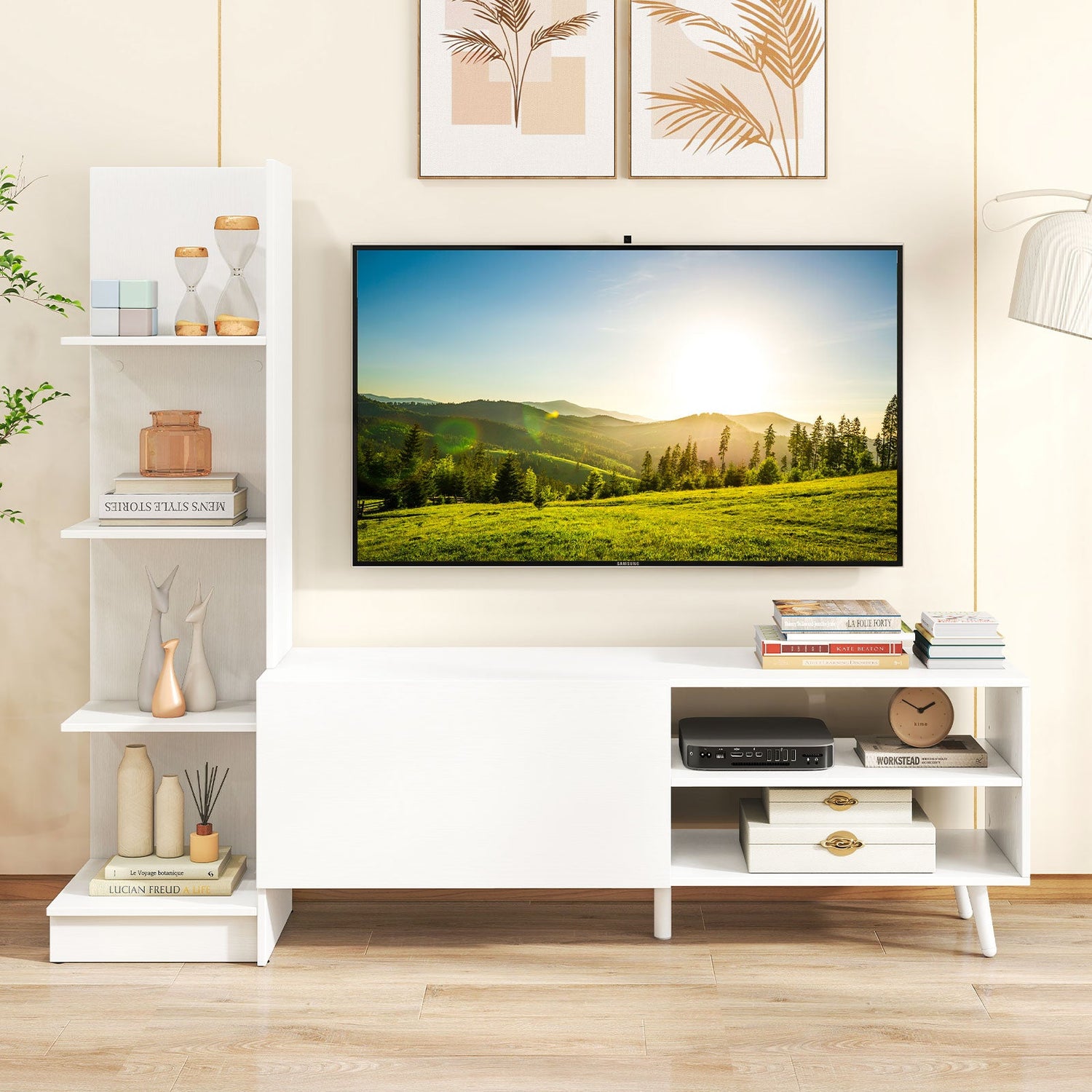 Mueble de TV para televisores de hasta 50 pulgadas, centro de entretenimiento moderno de mediados de siglo, gabinete de TV, color blanco