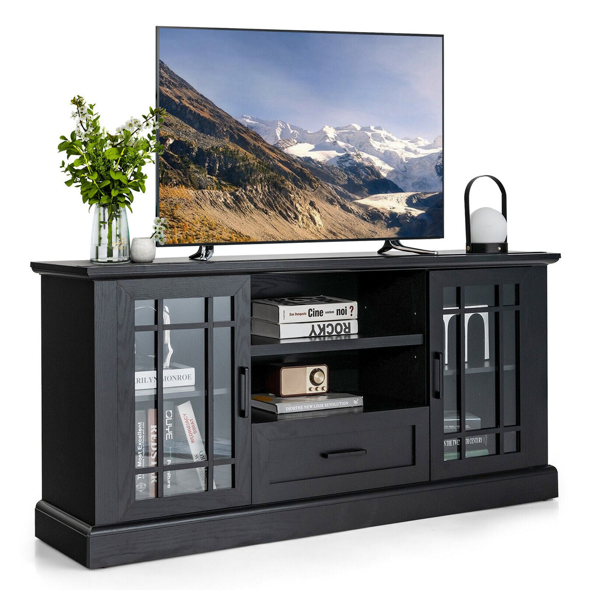 Mueble de TV para televisores de hasta 70 pulgadas con puertas de vidrio, compartimentos y cajón