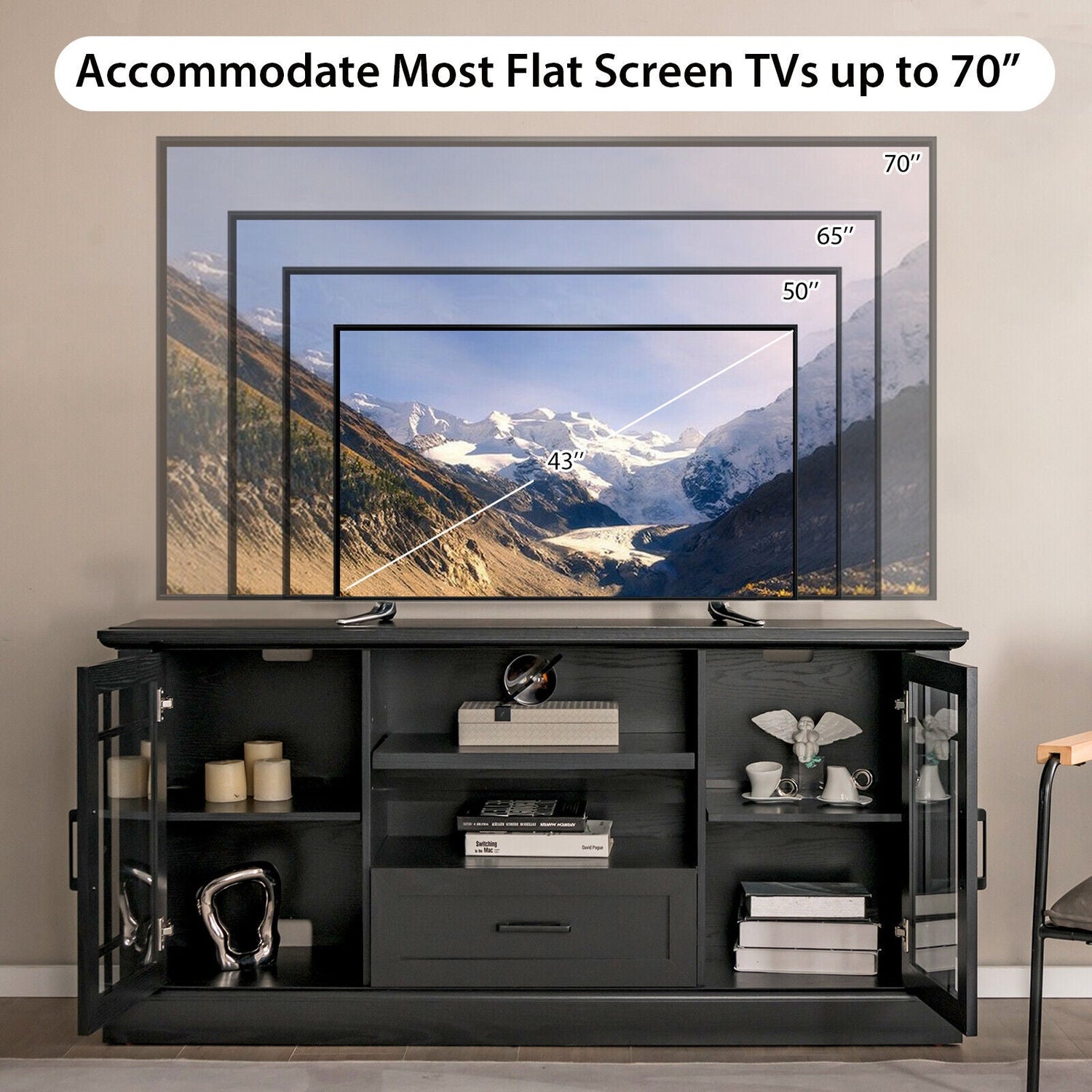 Mueble de TV para televisores de hasta 70 pulgadas con puertas de vidrio, compartimentos y cajón