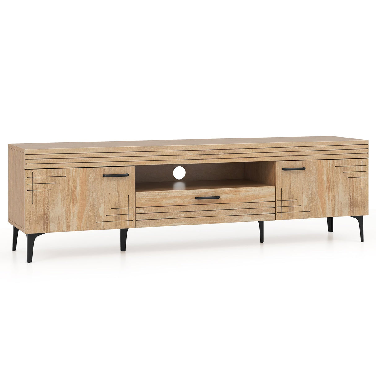 Mueble de TV con 2 armarios y cajón de almacenamiento para televisores de 65 pulgadas - Roble
