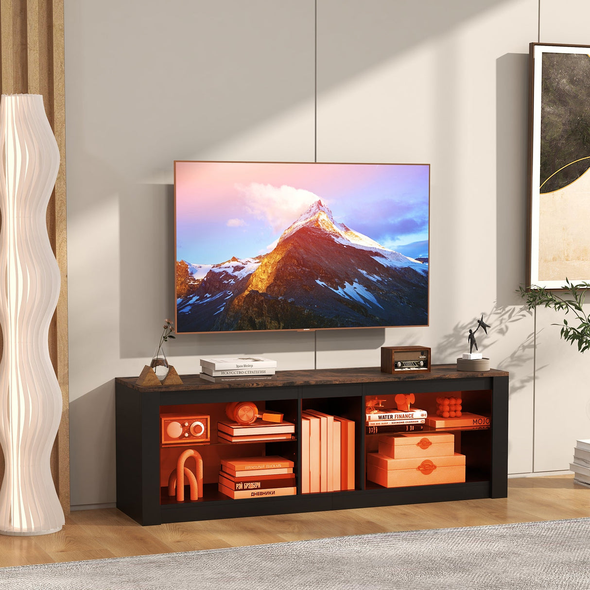 Mueble de TV moderno con luz LED y estantes ajustables para televisores de hasta 65 pulgadas - Marrón