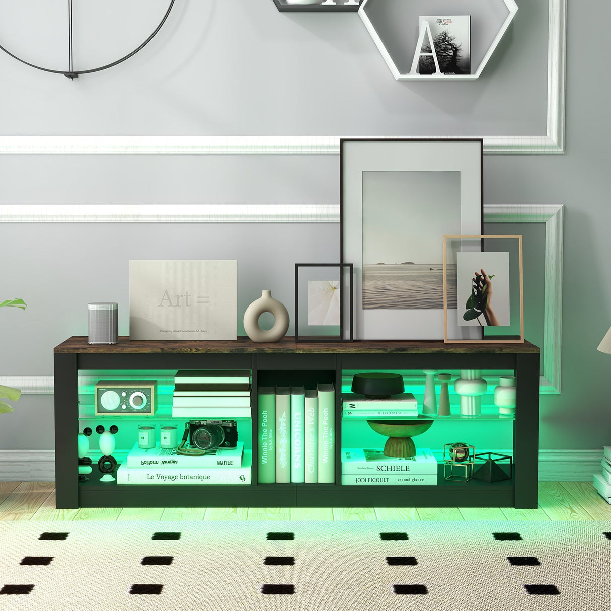 Mueble de TV moderno con luz LED y estantes ajustables para televisores de hasta 65 pulgadas - Marrón