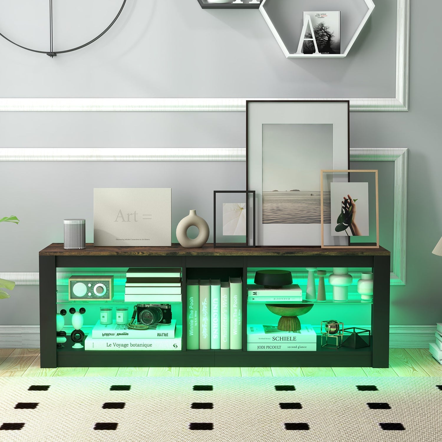 Mueble de TV moderno con luz LED y estantes ajustables para televisores de hasta 65 pulgadas - Marrón
