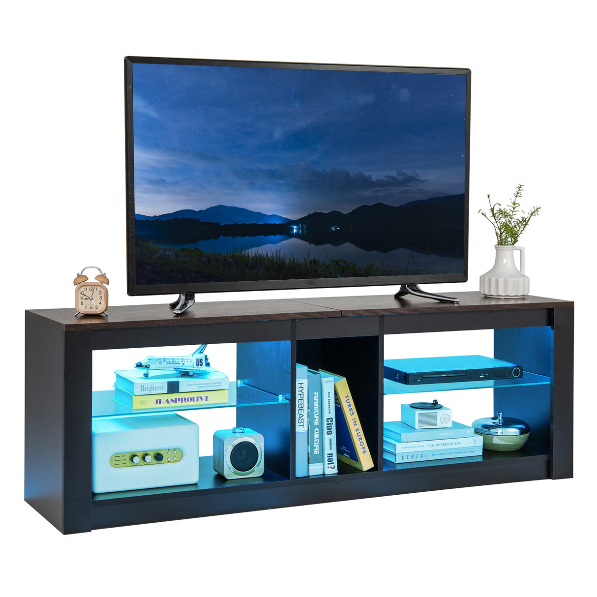 Mueble de TV moderno con luz LED y estantes ajustables para televisores de hasta 65 pulgadas - Marrón