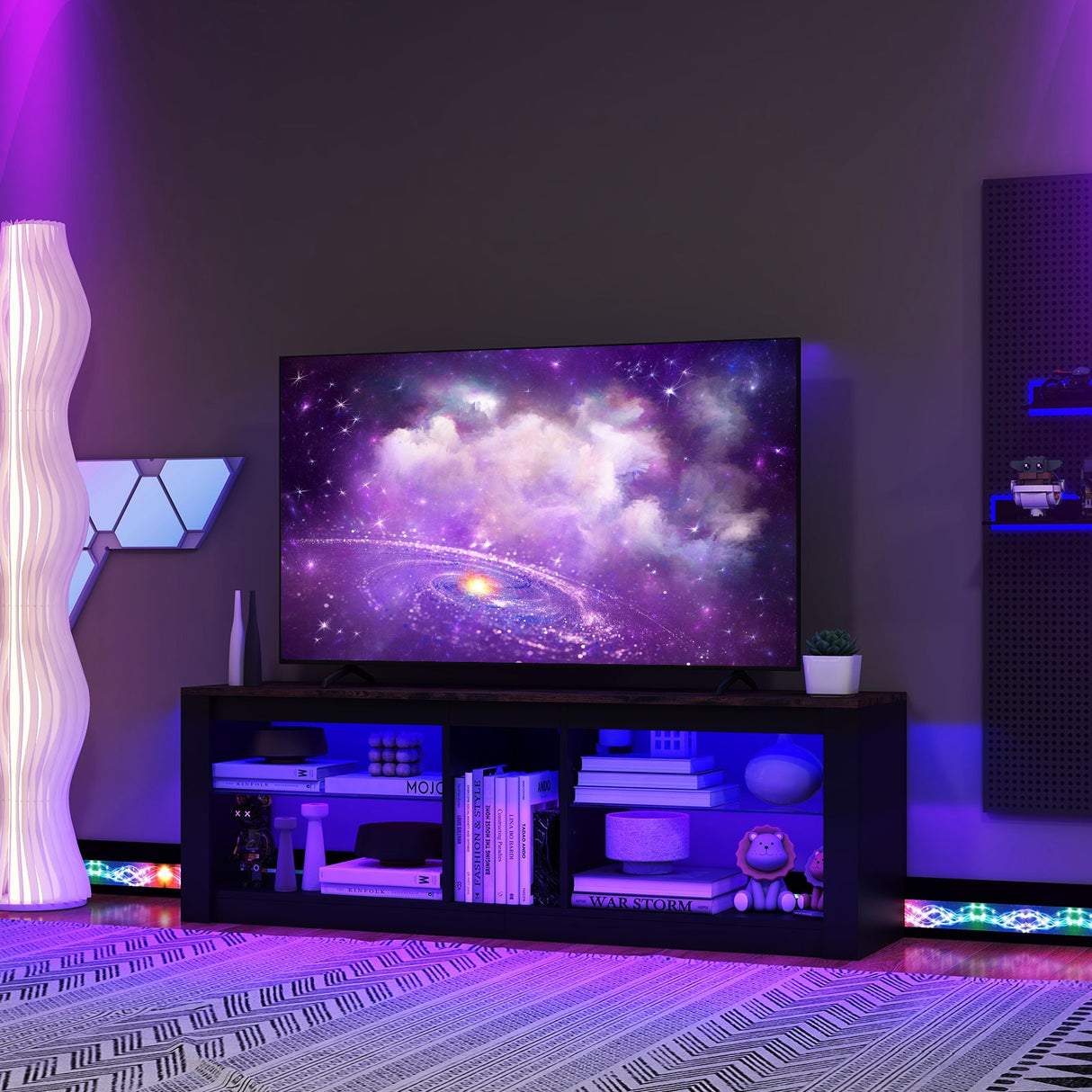 Mueble de TV moderno con luz LED y estantes ajustables para televisores de hasta 65 pulgadas - Marrón