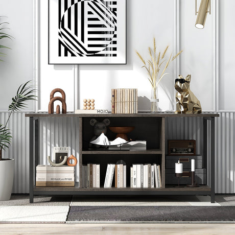 Mueble de TV de 3 niveles con toma de corriente USB y estante ajustable-Gris