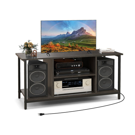 Mueble de TV de 3 niveles con toma de corriente USB y estante ajustable-Gris