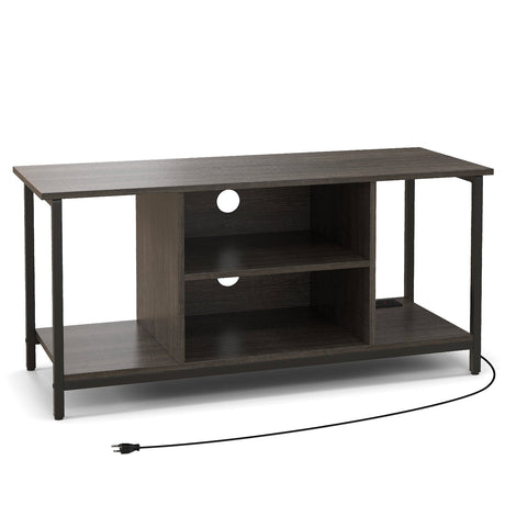 Mueble de TV de 3 niveles con toma de corriente USB y estante ajustable-Gris