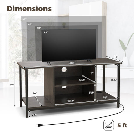 Mueble de TV de 3 niveles con toma de corriente USB y estante ajustable-Gris