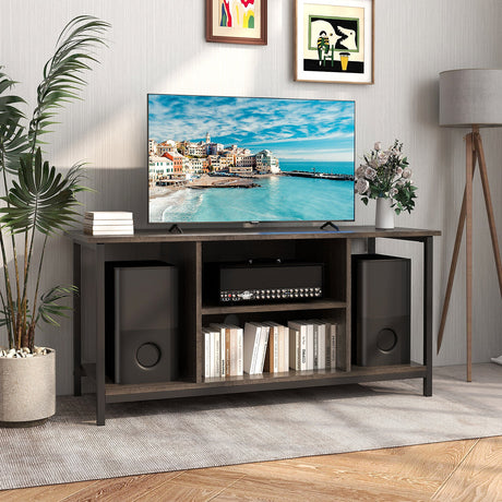 Mueble de TV de 3 niveles con toma de corriente USB y estante ajustable-Gris