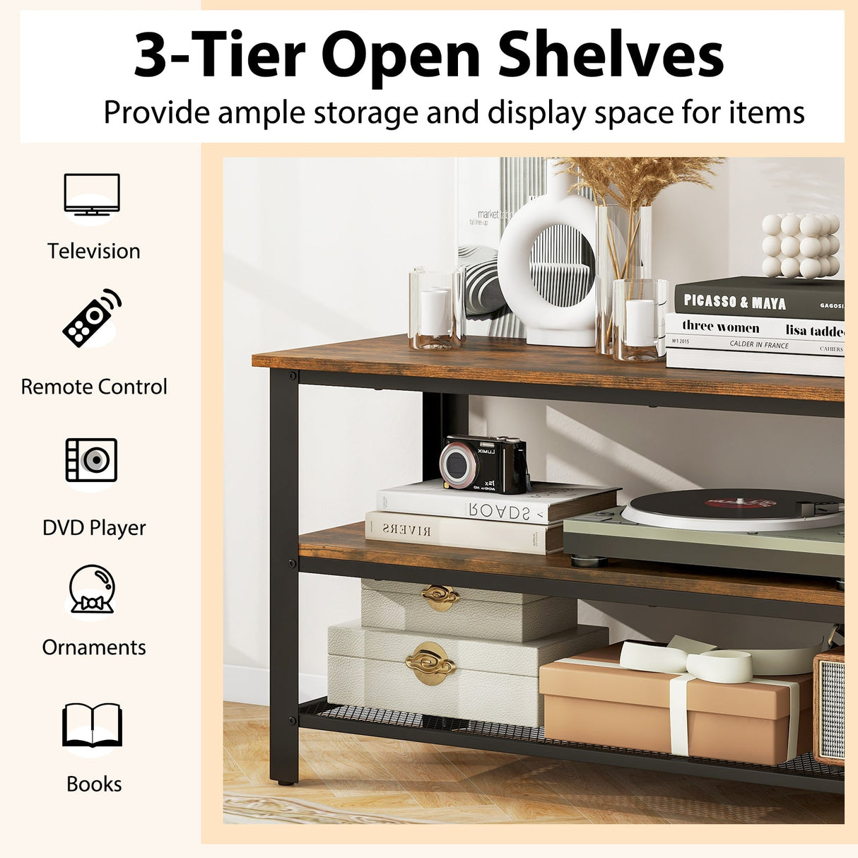 Mueble de TV industrial de hasta 50 pulgadas con tomas de corriente y puertos USB-Marrón rústico