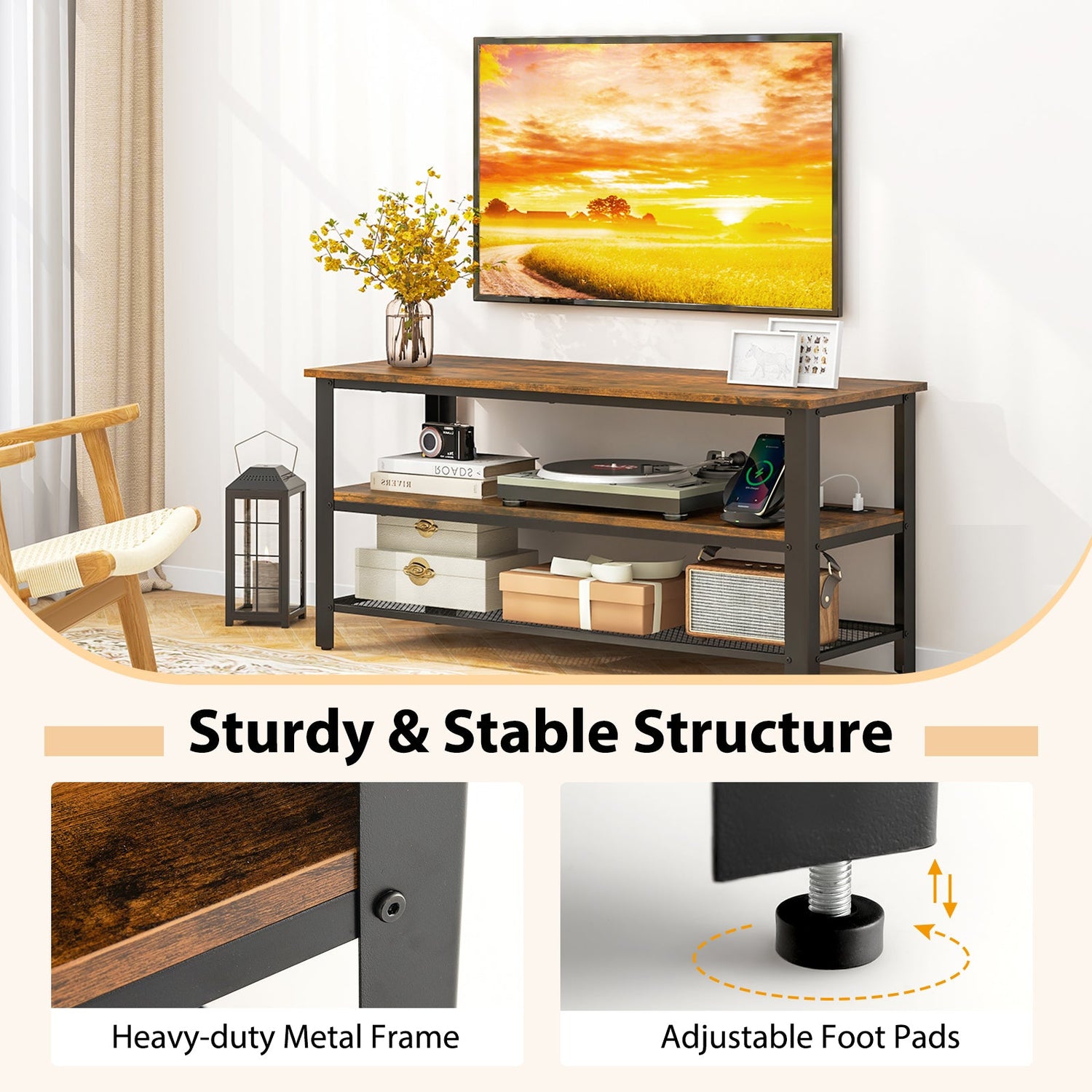 Mueble de TV industrial de hasta 50 pulgadas con tomas de corriente y puertos USB-Marrón rústico