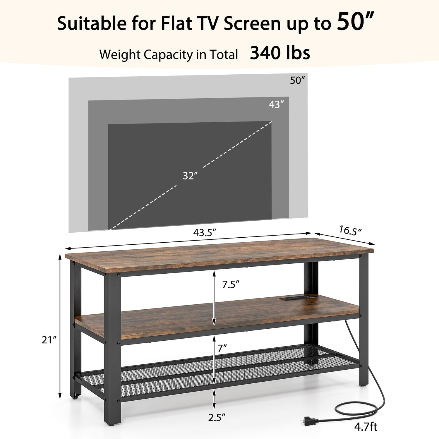 Mueble de TV industrial de hasta 50 pulgadas con tomas de corriente y puertos USB-Marrón rústico