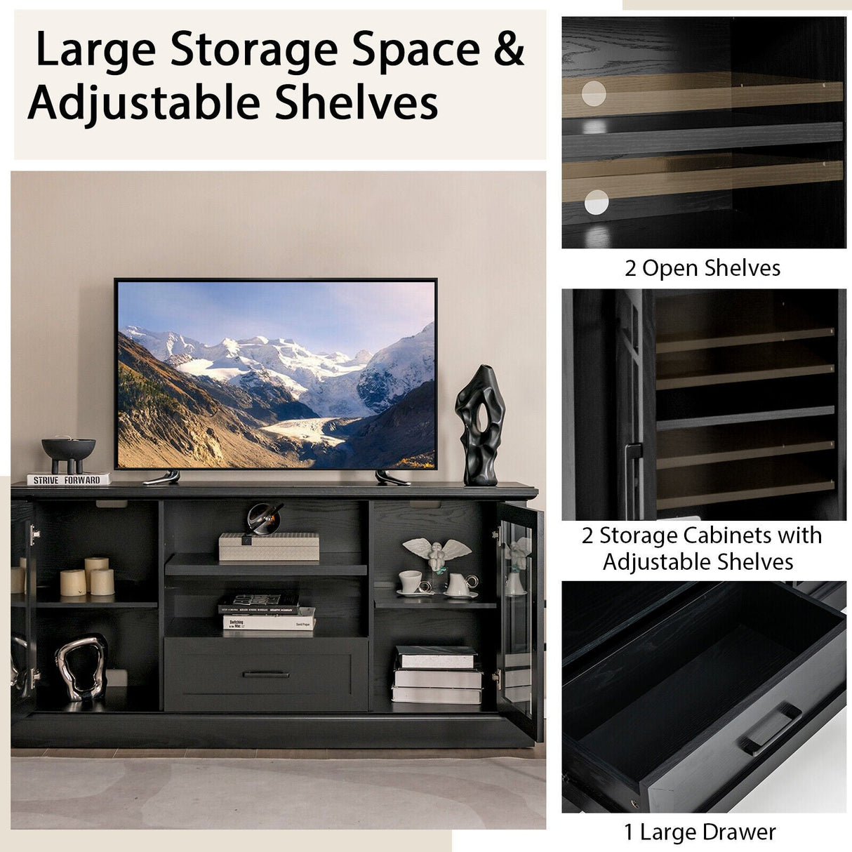 Mueble de TV para televisores de hasta 70 pulgadas con puertas de vidrio, compartimentos y cajón
