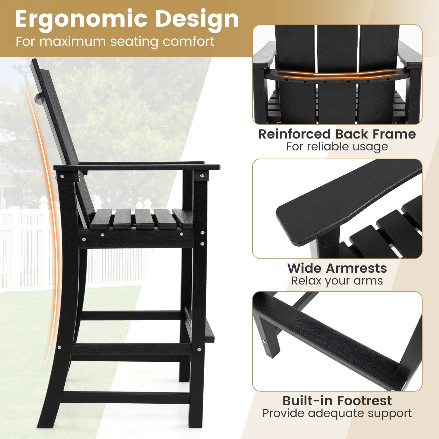 Taburete alto de bar para exteriores Adirondack con respaldo ergonómico para patio trasero