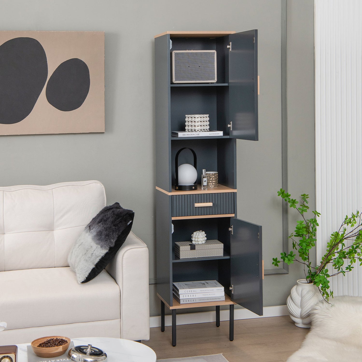 Mueble de Baño Independiente Estrecho para Ropa Blanca con Puertas y Cajón - Gris