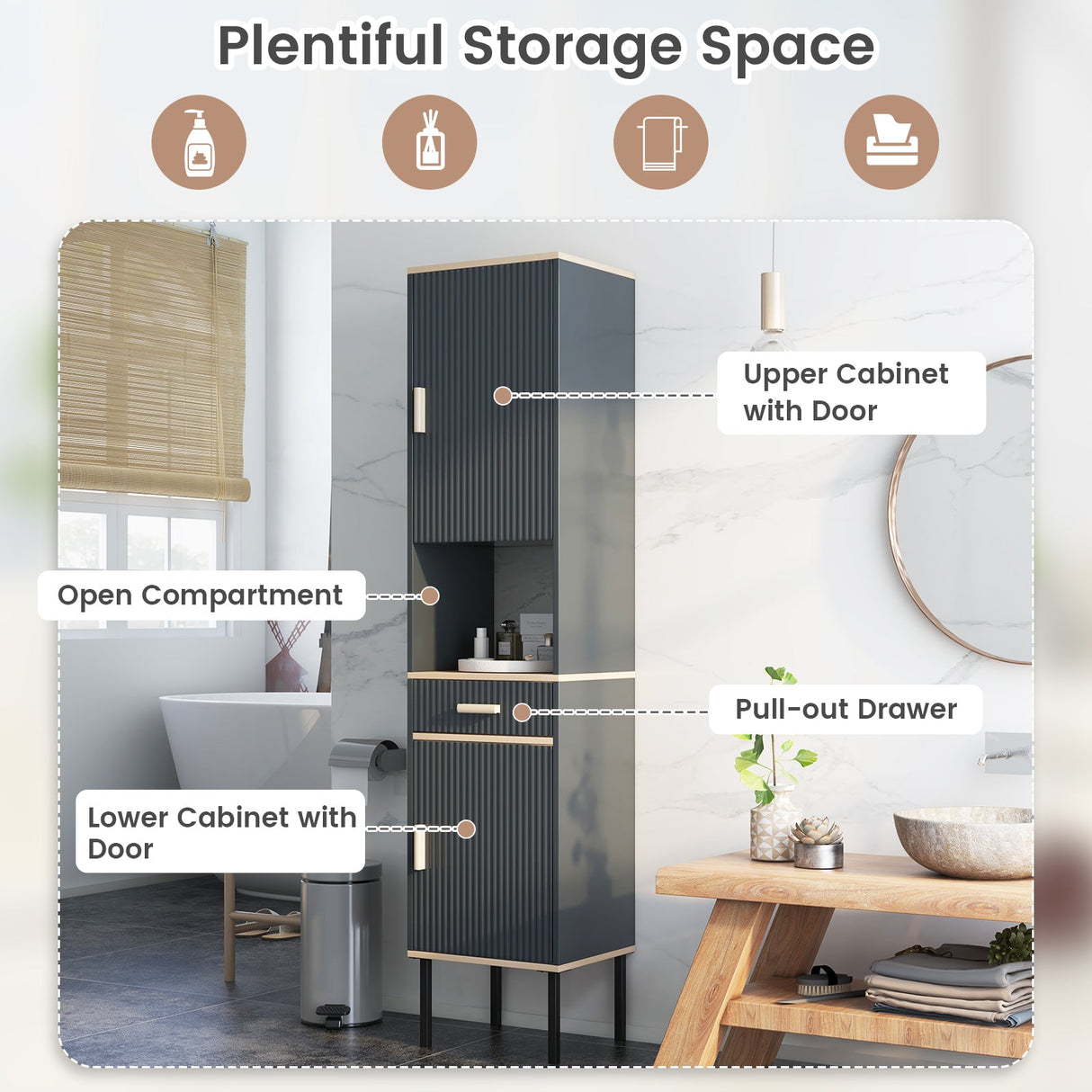 Mueble de Baño Independiente Estrecho para Ropa Blanca con Puertas y Cajón - Gris