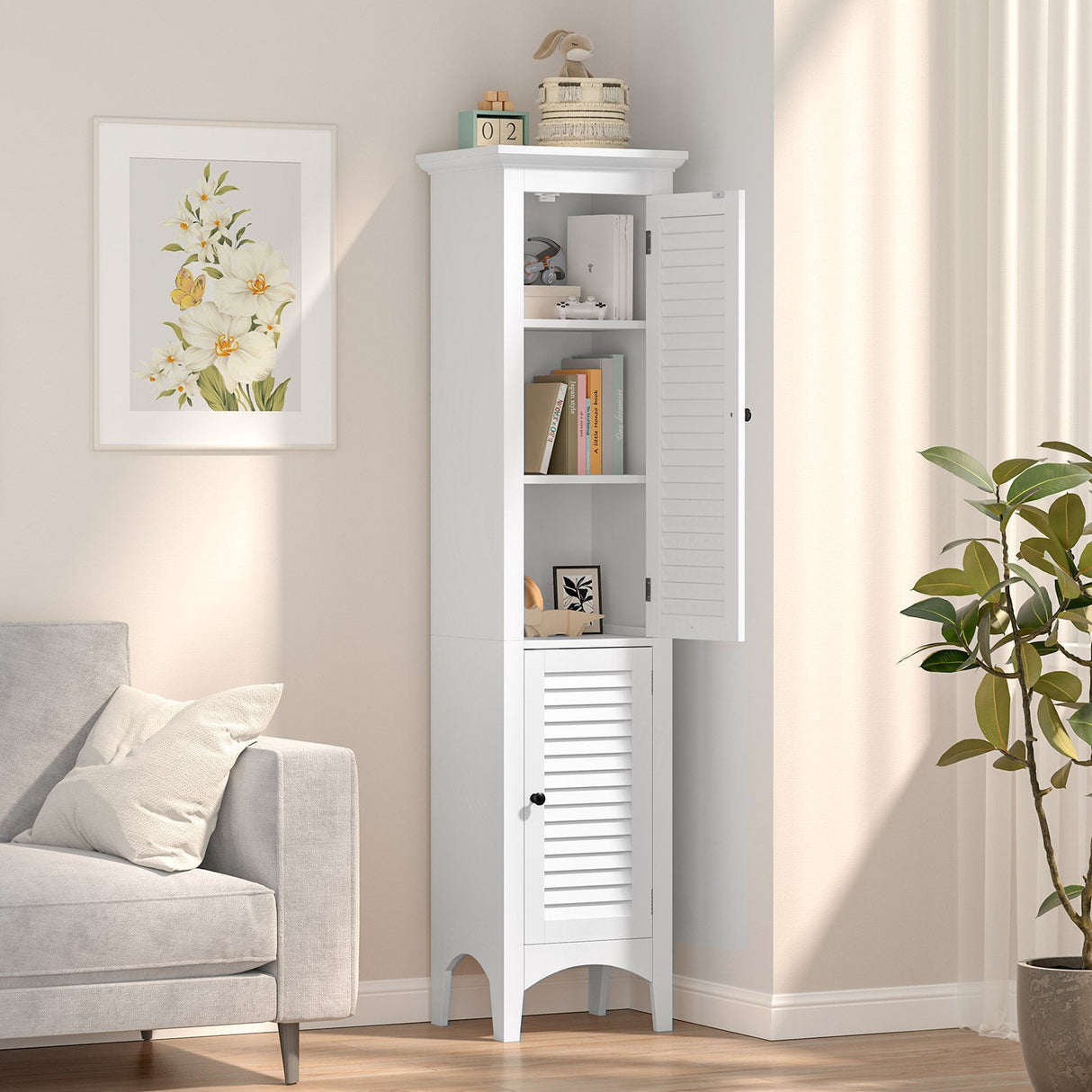 Tall Bathroom Floor Cabinet with Shutter Doors and Adjustable Shelf