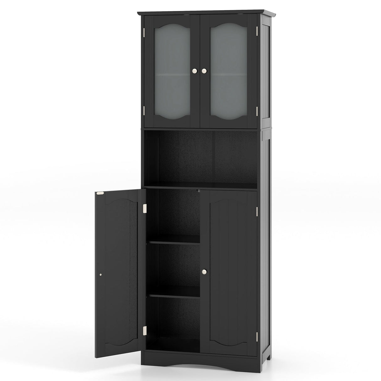 Mueble de almacenamiento para baño de 164 cm de altura con puertas de vidrio esmerilado y estantes