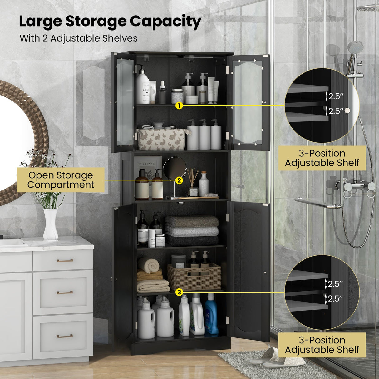 Mueble de almacenamiento para baño de 164 cm de altura con puertas de vidrio esmerilado y estantes