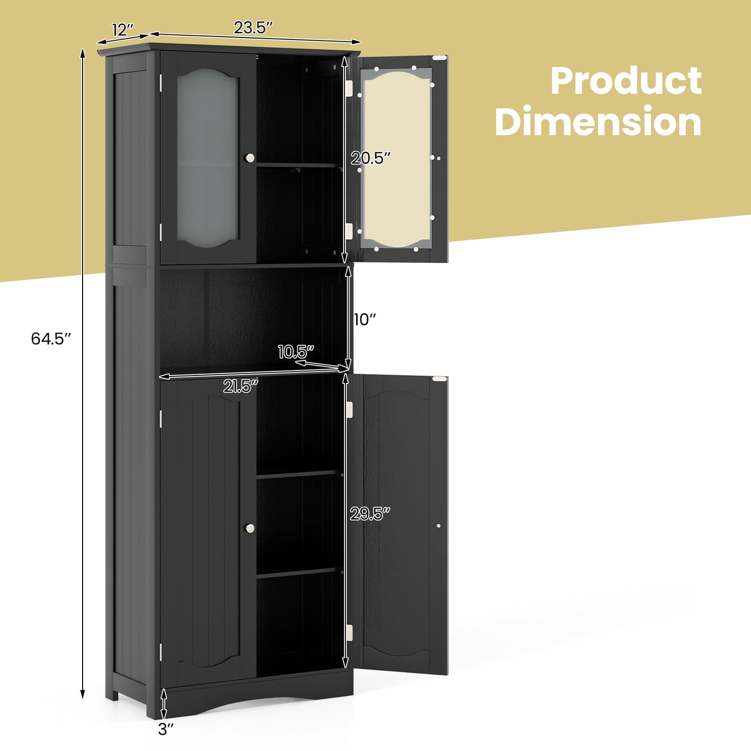 Mueble de almacenamiento para baño de 164 cm de altura con puertas de vidrio esmerilado y estantes
