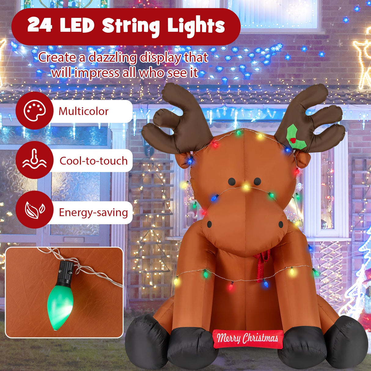 Reno Inflable de Navidad de 8.5 Pies de Alto con 24 Luces LED de Cadena