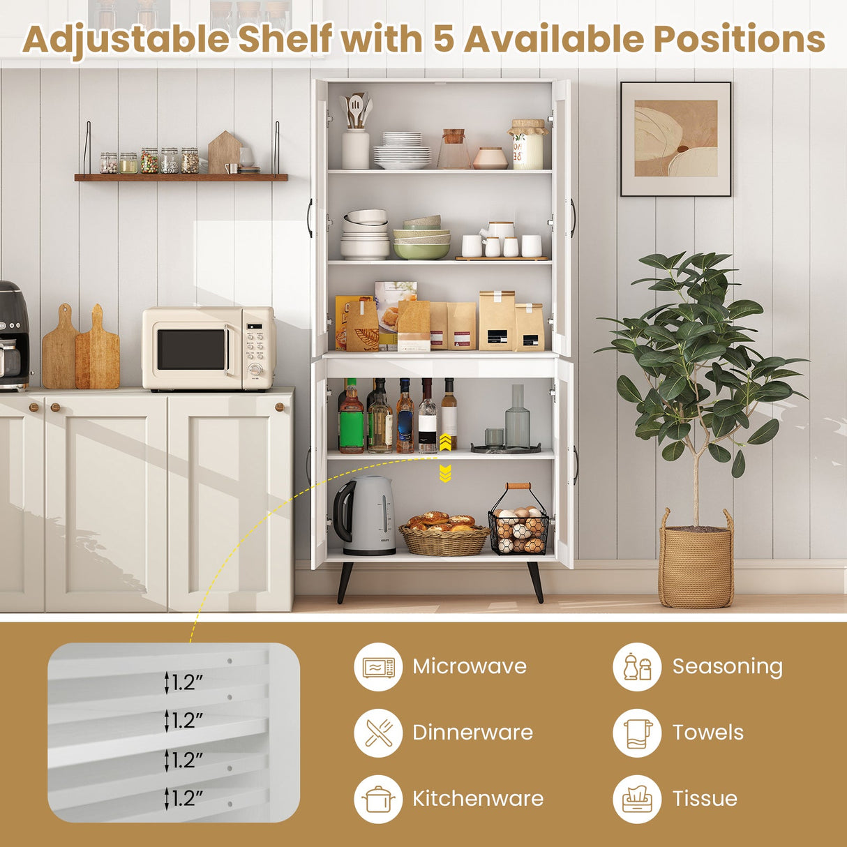 Alacena de cocina alta de 70.5 pulgadas con 4 puertas transparentes