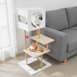 Rascador alto de madera para gatos con 2 tablas de cartón corrugado - Blanco