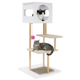 Rascador alto de madera para gatos con 2 tablas de cartón corrugado - Blanco